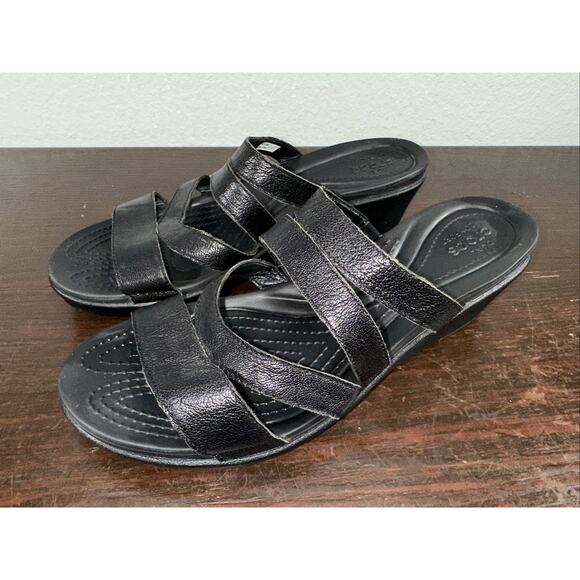 Crocs Leigh-Ann Leather Strap Mini Wedge Women's Size 8 Black Comfort Sandals - Picture 1 of 6